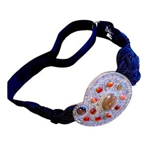 IONE oversized silver paisley buckle with 12 stones on a braided cord belt VTG L